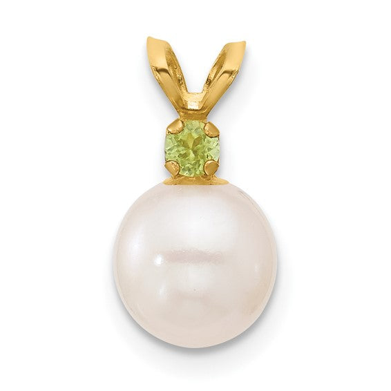 14kt Yellow Gold 7-7.5mm White Round Freshwater Cultured Pearl and .07PE Peridot Pendant