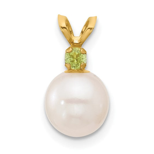 14kt Yellow Gold 7-7.5mm White Round Freshwater Cultured Pearl and .07PE Peridot Pendant