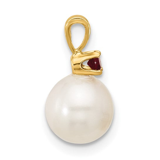 14kt Yellow Gold 8-8.5mm White Round Freshwater Cultured Pearl and .09RU Ruby Pendant