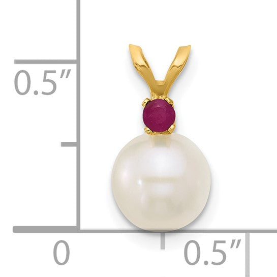 14kt Yellow Gold 8-8.5mm White Round Freshwater Cultured Pearl and .09RU Ruby Pendant