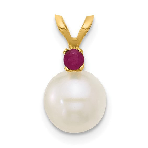 14kt Yellow Gold 7-7.5mm White Round Freshwater Cultured Pearl and .09RU Ruby Pendant