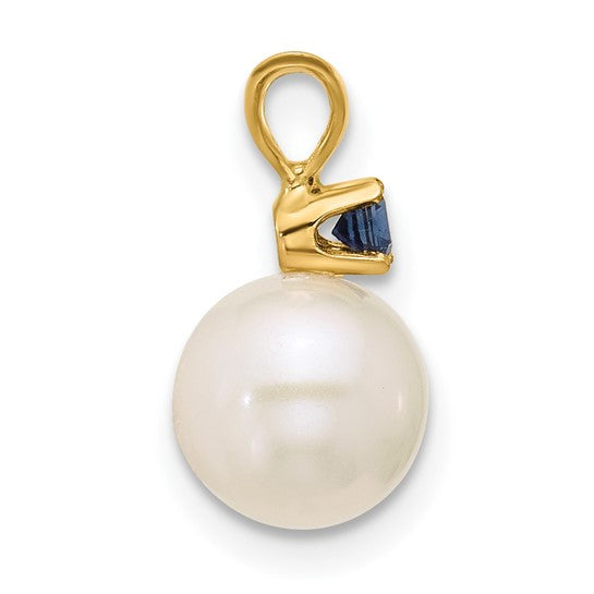 14kt Yellow Gold 7-7.5mm White Round Freshwater Cultured Pearl and .09SA Sapphire Pendant