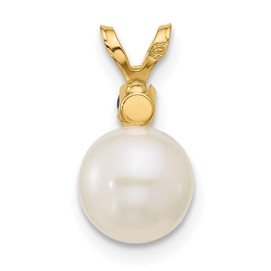 14kt Yellow Gold 7-7.5mm White Round Freshwater Cultured Pearl and .09SA Sapphire Pendant