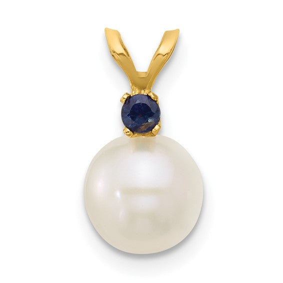 14kt Yellow Gold 7-7.5mm White Round Freshwater Cultured Pearl and .09SA Sapphire Pendant