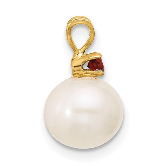 14kt Yellow Gold 8-8.5mm White Round Freshwater Cultured Pearl and .09GA Garnet Pendant
