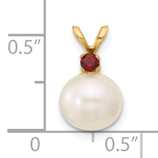 14kt Yellow Gold 8-8.5mm White Round Freshwater Cultured Pearl and .09GA Garnet Pendant