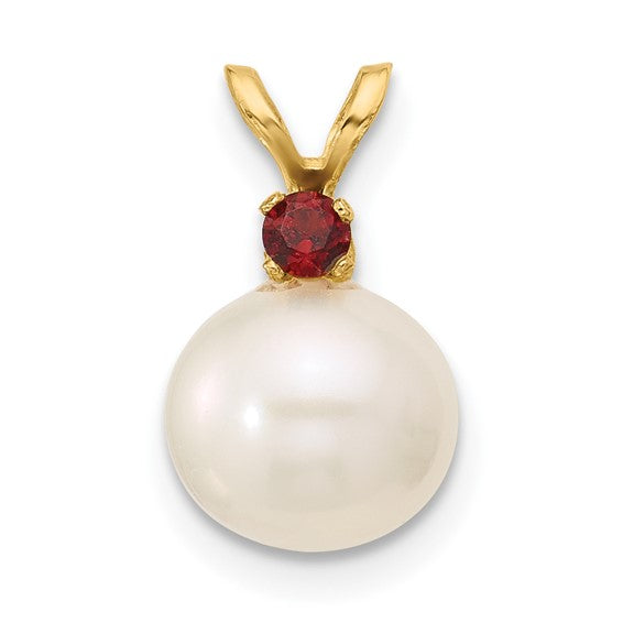 14kt Yellow Gold 8-8.5mm White Round Freshwater Cultured Pearl and .09GA Garnet Pendant