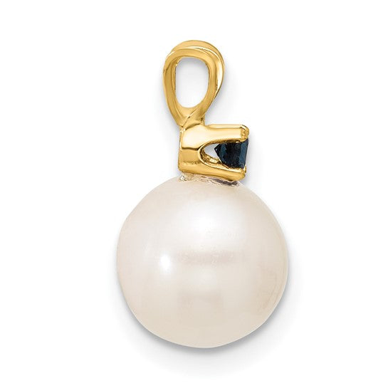 14kt Yellow Gold 8-8.5mm White Round Freshwater Cultured Pearl and .09SA Sapphire Pendant