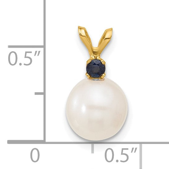 14kt Yellow Gold 8-8.5mm White Round Freshwater Cultured Pearl and .09SA Sapphire Pendant