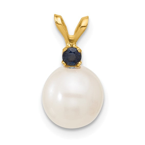 14kt Yellow Gold 8-8.5mm White Round Freshwater Cultured Pearl and .09SA Sapphire Pendant