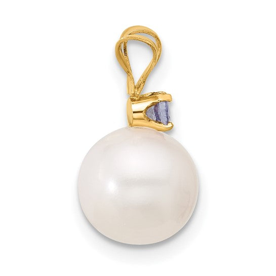 14kt Yellow Gold 8-8.5mm White Round Freshwater Cultured Pearl and .07TZ Tanzanite Pendant