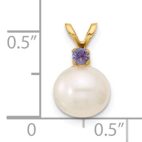 14kt Yellow Gold 8-8.5mm White Round Freshwater Cultured Pearl and .07TZ Tanzanite Pendant