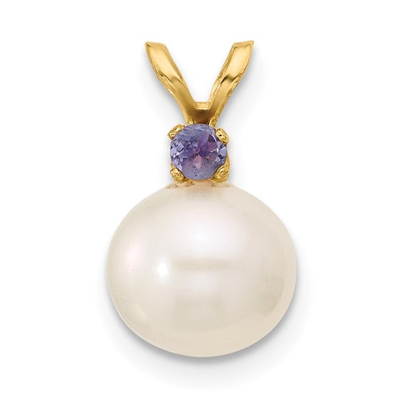 14kt Yellow Gold 8-8.5mm White Round Freshwater Cultured Pearl and .07TZ Tanzanite Pendant