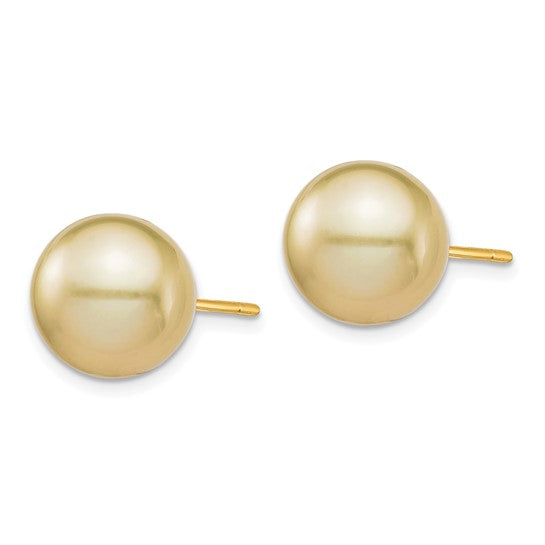 14kt Yellow Gold 10-11mm Round Golden South Sea Saltwater Cultured Pearl Post Earrings