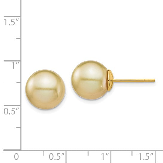 14kt Yellow Gold 10-11mm Round Golden South Sea Saltwater Cultured Pearl Post Earrings