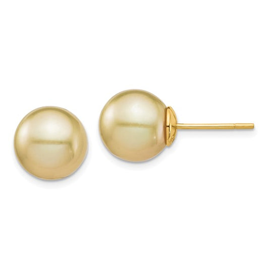 14kt Yellow Gold 10-11mm Round Golden South Sea Saltwater Cultured Pearl Post Earrings
