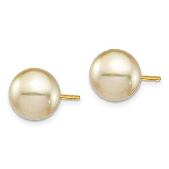 14kt Yellow Gold 9-10mm Round Golden South Sea Saltwater Cultured Pearl Post Earrings
