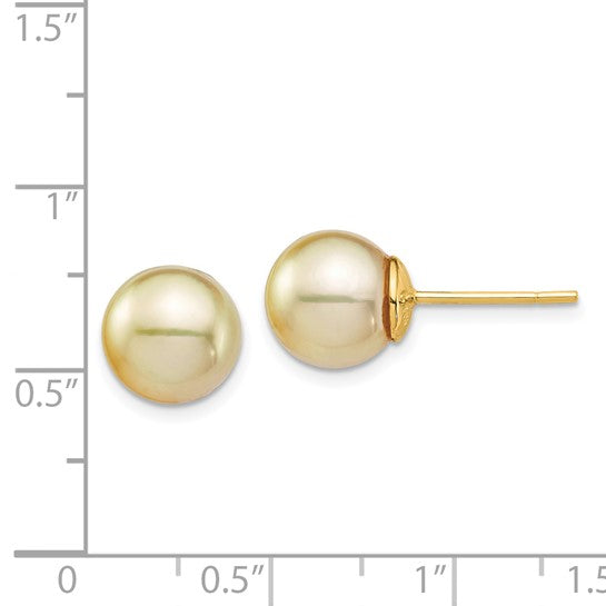 14kt Yellow Gold 9-10mm Round Golden South Sea Saltwater Cultured Pearl Post Earrings