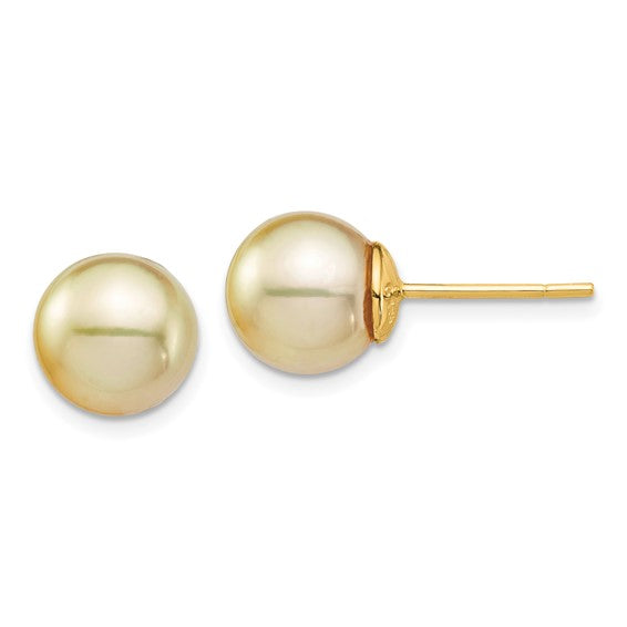 14kt Yellow Gold 9-10mm Round Golden South Sea Saltwater Cultured Pearl Post Earrings