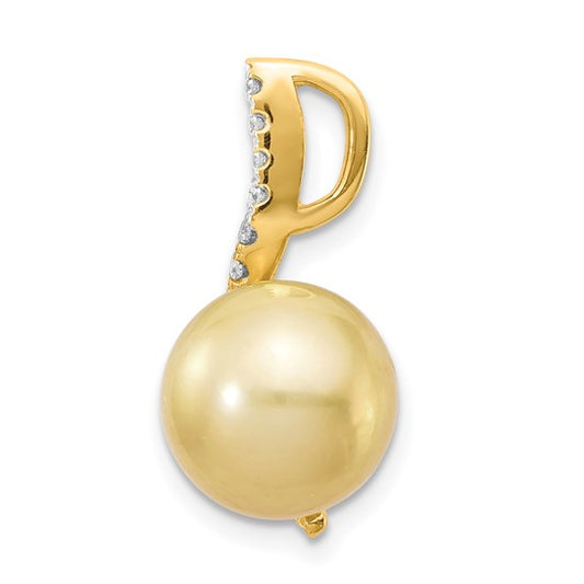 14kt Yellow Gold 10-11mm Round Golden South Sea Saltwater Cultured Pearl and .125 Carat Diamond Pendant