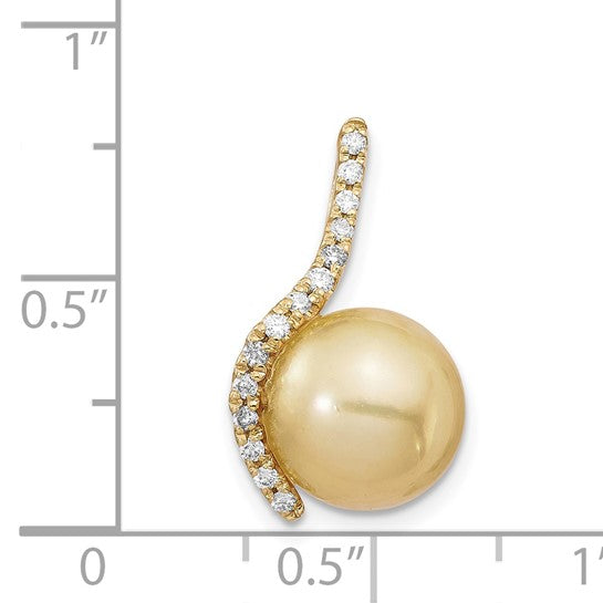 14kt Yellow Gold 10-11mm Round Golden South Sea Saltwater Cultured Pearl and .125 Carat Diamond Pendant