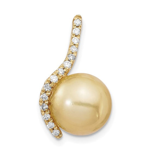14kt Yellow Gold 10-11mm Round Golden South Sea Saltwater Cultured Pearl and .125 Carat Diamond Pendant