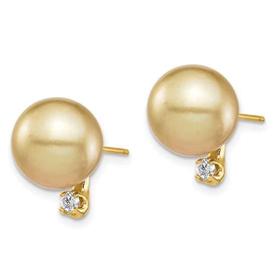 14kt Yellow Gold 9-10mm Round Golden South Sea Saltwater Cultured Pearl and .10 Carat Diamond Post Earrings