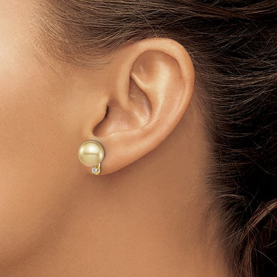 14kt Yellow Gold 9-10mm Round Golden South Sea Saltwater Cultured Pearl and .10 Carat Diamond Post Earrings