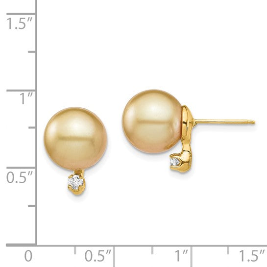 14kt Yellow Gold 9-10mm Round Golden South Sea Saltwater Cultured Pearl and .10 Carat Diamond Post Earrings