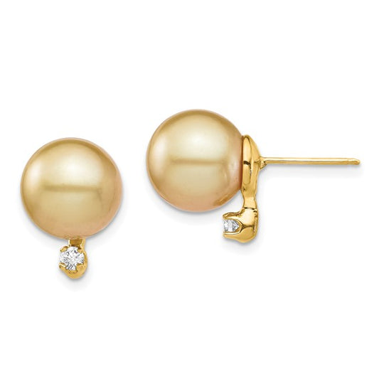 14kt Yellow Gold 9-10mm Round Golden South Sea Saltwater Cultured Pearl and .10 Carat Diamond Post Earrings