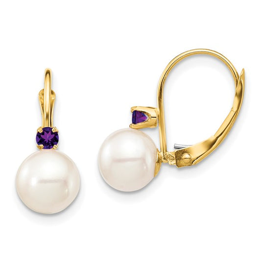 14kt Yellow Gold 7-7.5mm White Round Freshwater Cultured Pearl and .14AM Amethyst Leverback Earrings