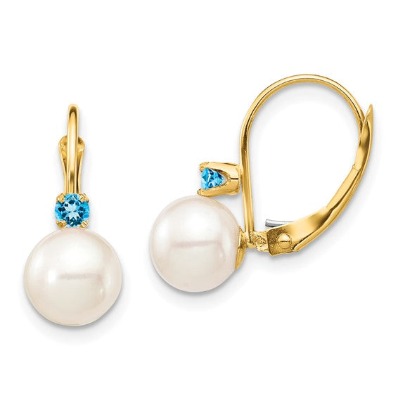 14kt Yellow Gold 7-7.5mm White Round Freshwater Cultured Pearl and .18BT Swiss Blue Topaz Leverback Earrings