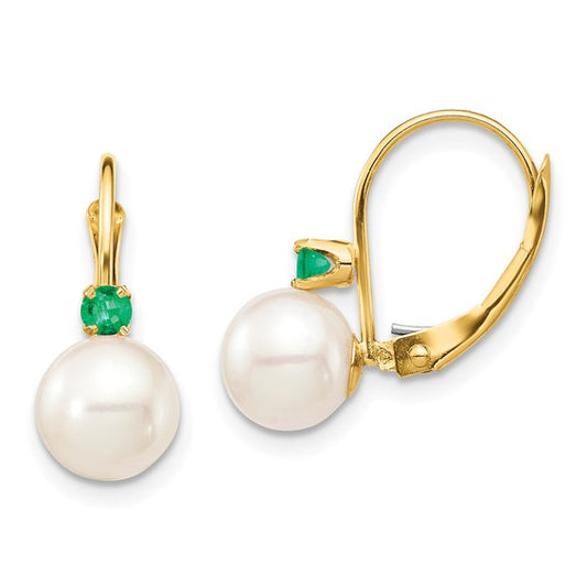 14kt Yellow Gold 7-7.5mm White Round Freshwater Cultured Pearl and .18EM Emerald Leverback Earrings
