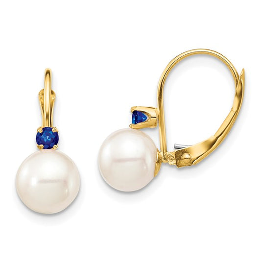14kt Yellow Gold 7-7.5mm White Round Freshwater Cultured Pearl and .18SA Sapphire Leverback Earrings