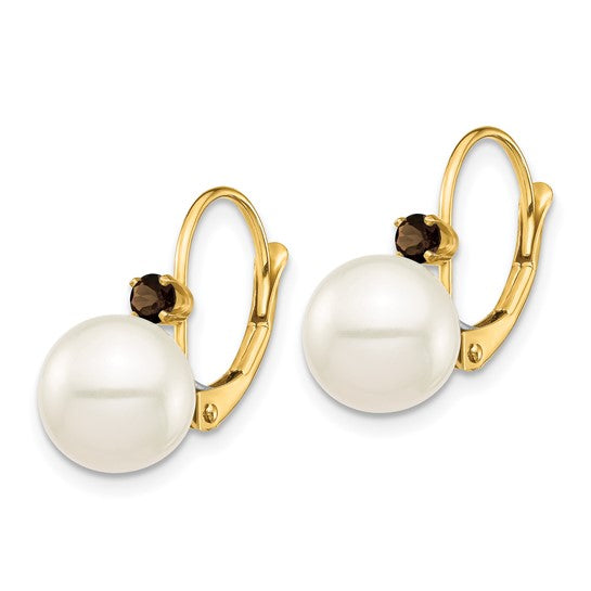 14kt Yellow Gold 8-8.5mm White Round Freshwater Cultured Pearl and .18SA Sapphire Leverback Earrings