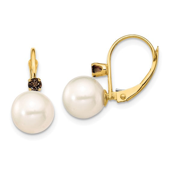 14kt Yellow Gold 8-8.5mm White Round Freshwater Cultured Pearl and .18SA Sapphire Leverback Earrings