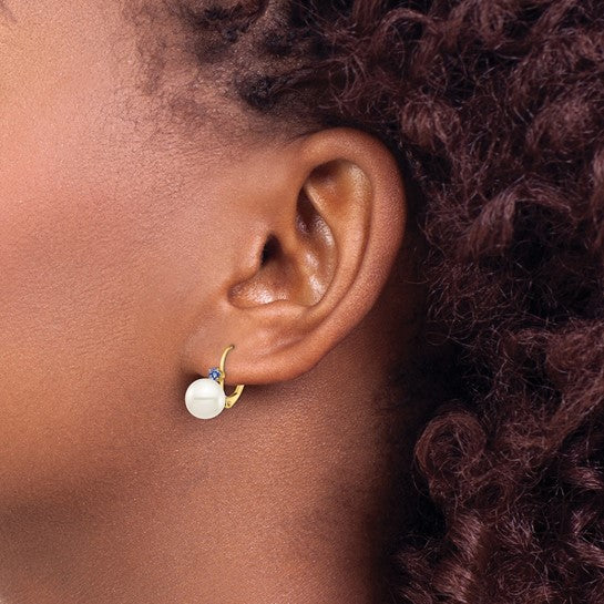 14kt Yellow Gold 8-8.5mm White Round Freshwater Cultured Pearl and .14TZ Tanzanite Leverback Earrings
