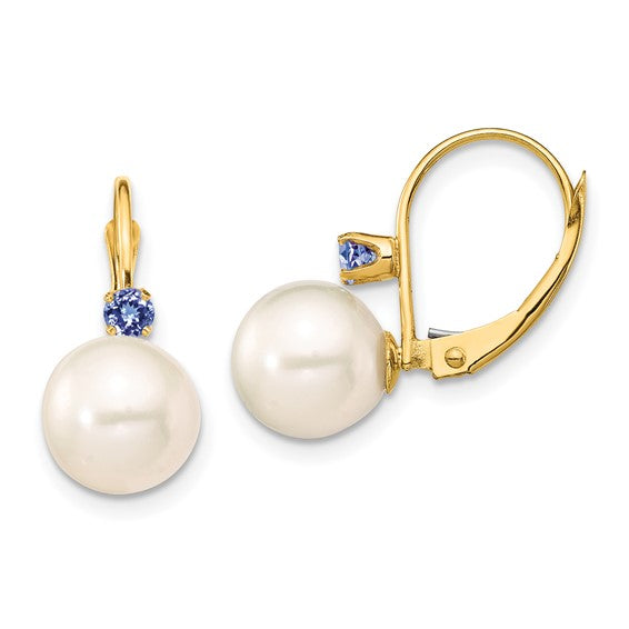 14kt Yellow Gold 8-8.5mm White Round Freshwater Cultured Pearl and .14TZ Tanzanite Leverback Earrings