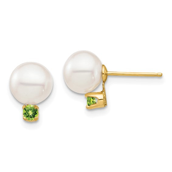 14kt Yellow Gold 7-7.5mm White Round Freshwater Cultured Pearl and .14PE Peridot Post Earrings