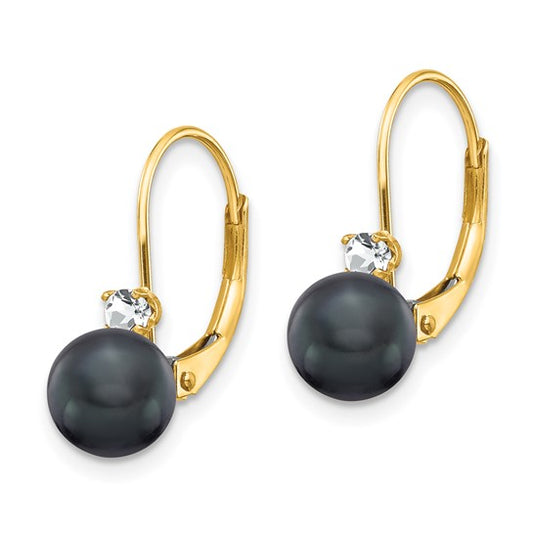 14kt Yellow Gold 6-7mm Black FW Cultured Pearl AA Diamond Leverback Earrings
