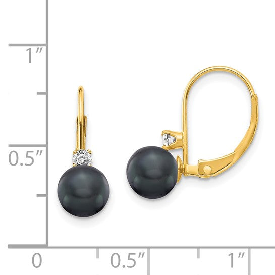 14kt Yellow Gold 6-7mm Black FW Cultured Pearl AA Diamond Leverback Earrings