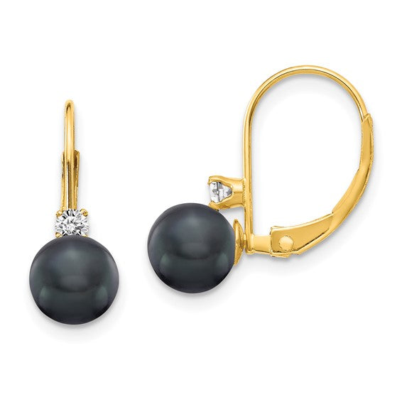 14kt Yellow Gold 6-7mm Black FW Cultured Pearl AA Diamond Leverback Earrings