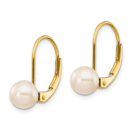 14kt Yellow Gold 6-7mm White Round Freshwater Cultured Pearl Leverback Earrings
