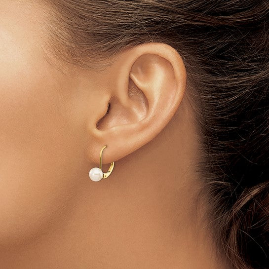 14kt Yellow Gold 6-7mm White Round Freshwater Cultured Pearl Leverback Earrings