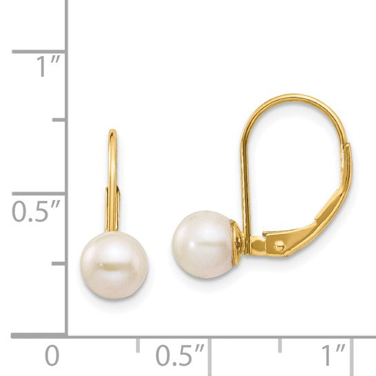 14kt Yellow Gold 6-7mm White Round Freshwater Cultured Pearl Leverback Earrings