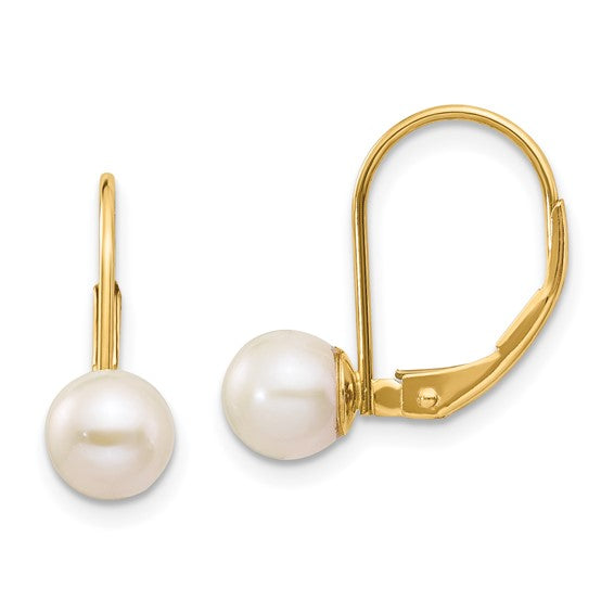 14kt Yellow Gold 6-7mm White Round Freshwater Cultured Pearl Leverback Earrings