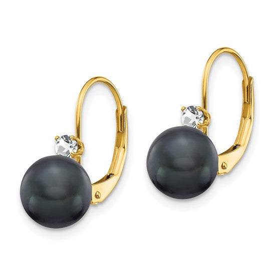 14kt Yellow Gold 7-8mm Black FW Cultured Pearl AA Diamond Leverback Earrings