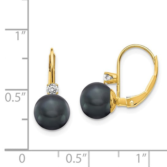 14kt Yellow Gold 7-8mm Black FW Cultured Pearl AA Diamond Leverback Earrings