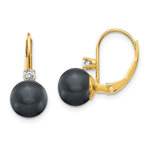 14kt Yellow Gold 7-8mm Black FW Cultured Pearl AA Diamond Leverback Earrings