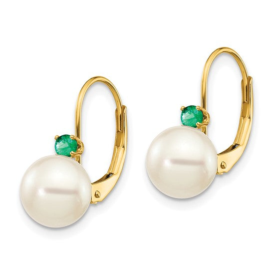 14kt Yellow Gold 7-7.5mm White Round FW Cultured Pearl Emerald Leverback Earrings